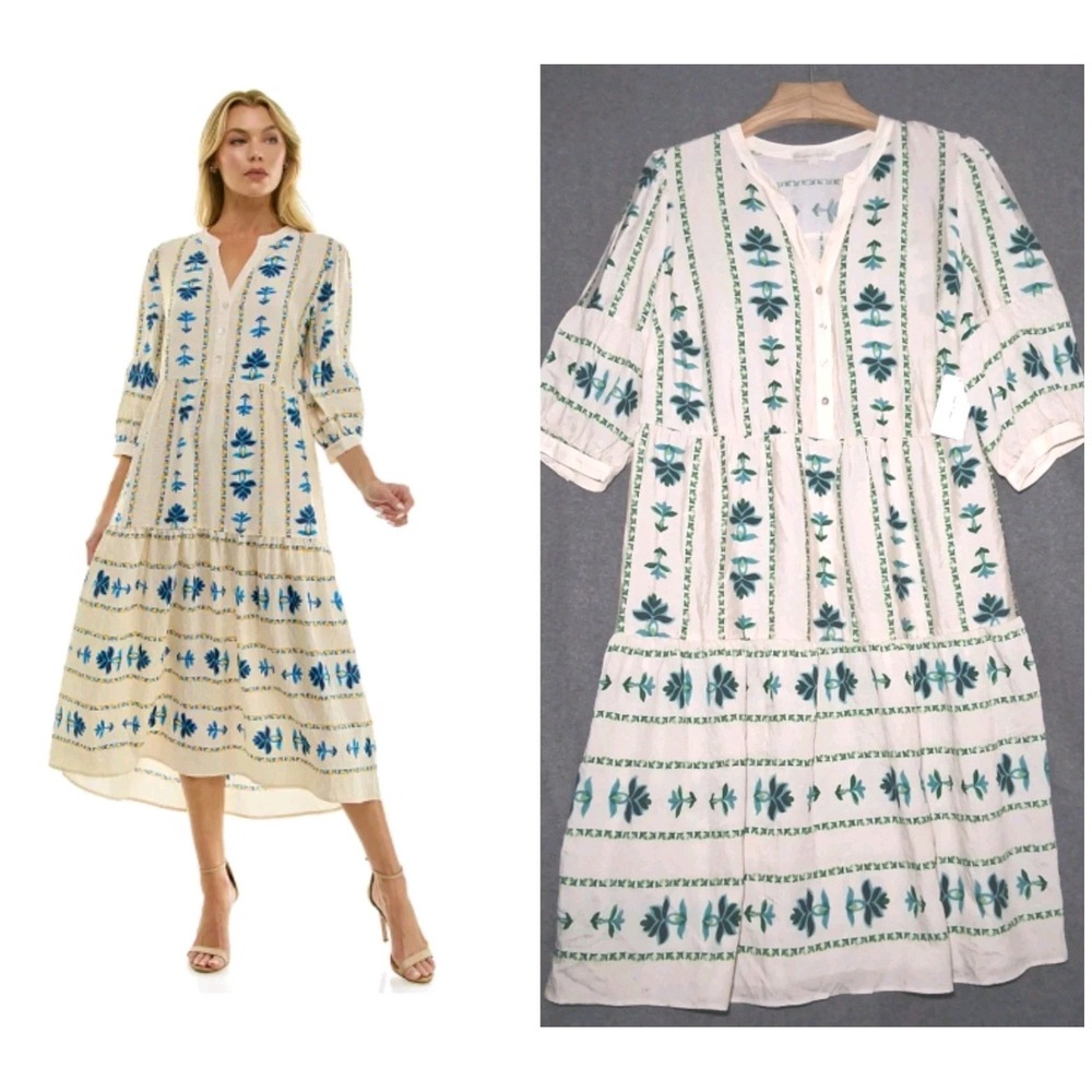 Figueroa & Flower Plus Dress Size 3X Cream Green Tiered Midi Cottagecore Prairie